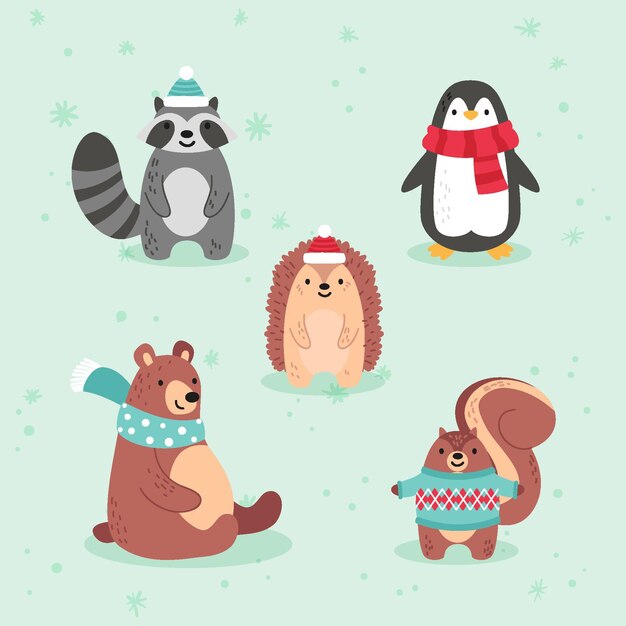 Hand drawn flat winter animals collection