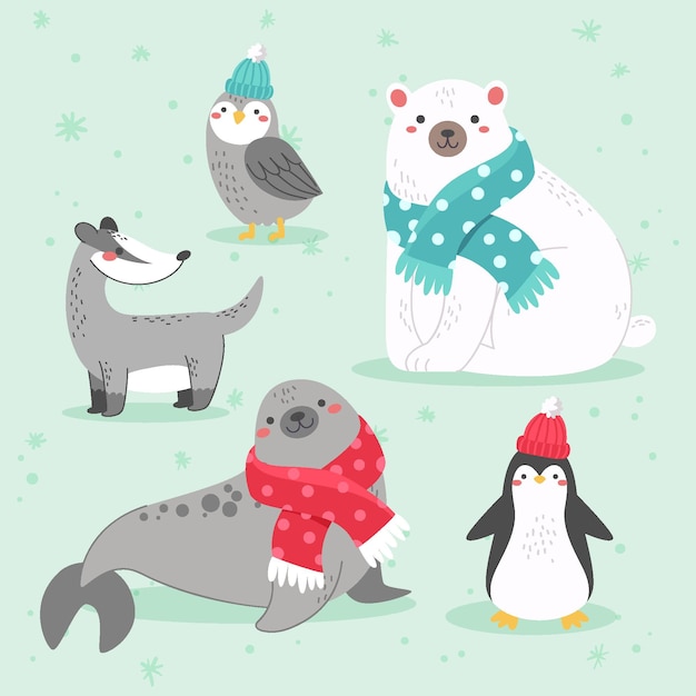 Hand drawn flat winter animals collection