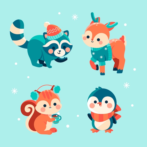 Free vector hand drawn flat winter animals collection