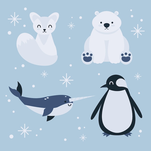 Free vector hand drawn flat winter animals collection