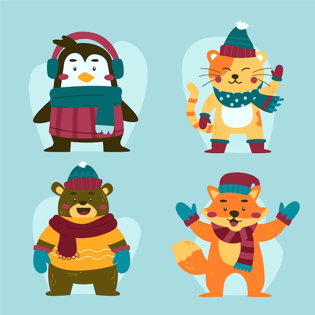 Free vector hand drawn flat winter animals collection