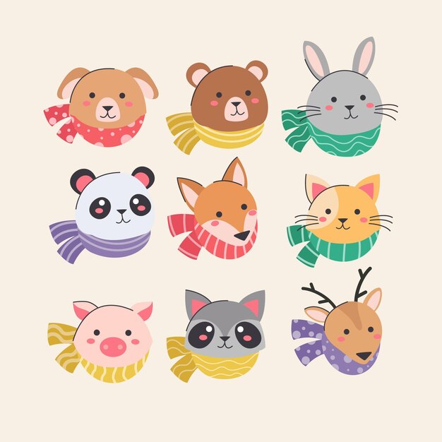 手描きの平らな冬の動物のコレクション