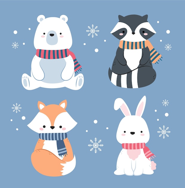 Hand drawn flat winter animals collection