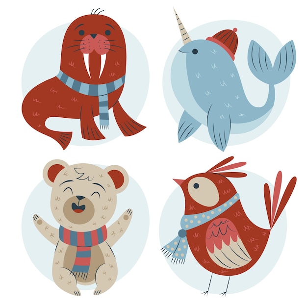 Hand drawn flat winter animals collection