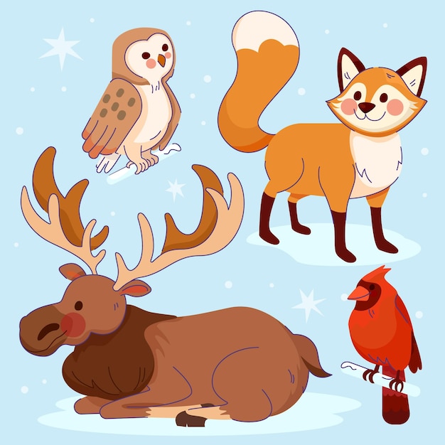 Free vector hand drawn flat winter animals collection