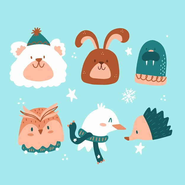 Free vector hand drawn flat winter animals collection