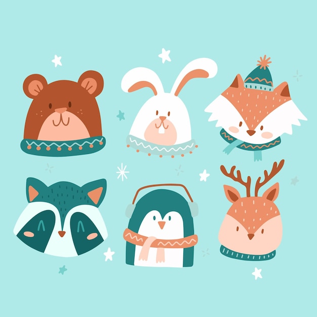 Hand drawn flat winter animals collection