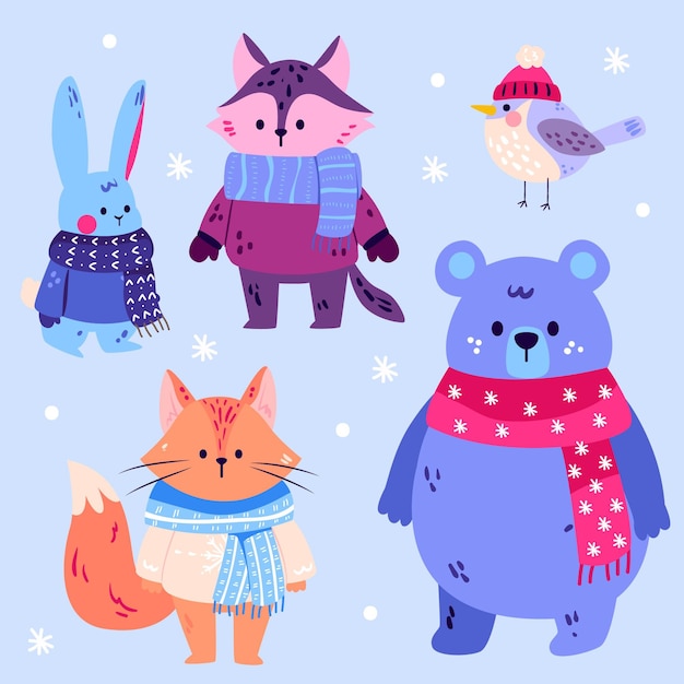 Free vector hand drawn flat winter animals collection