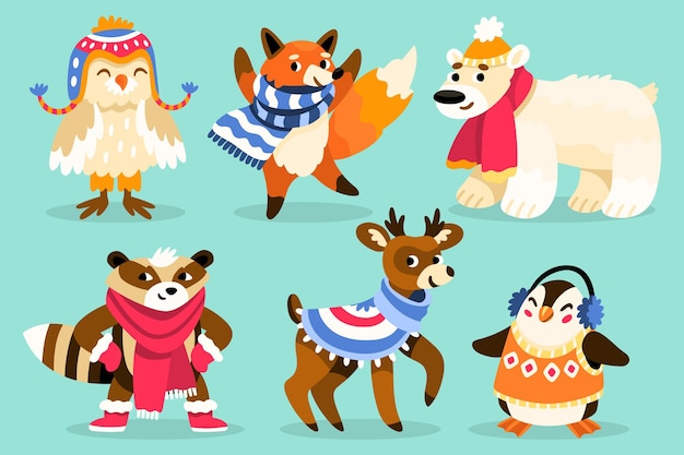 Free vector hand drawn flat winter animals collection