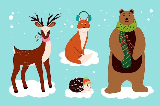 Free vector hand drawn flat winter animals collection