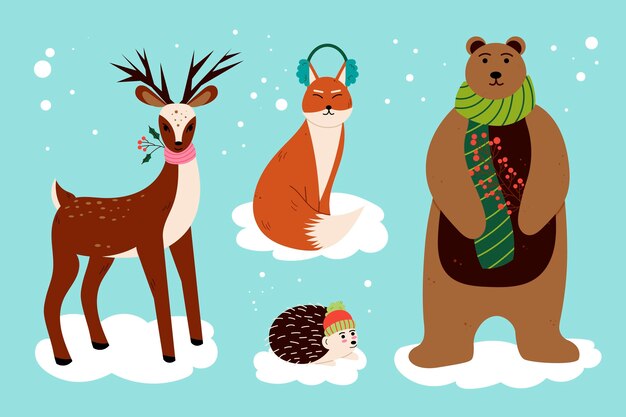 Коллекция рисованной плоских зимних животных