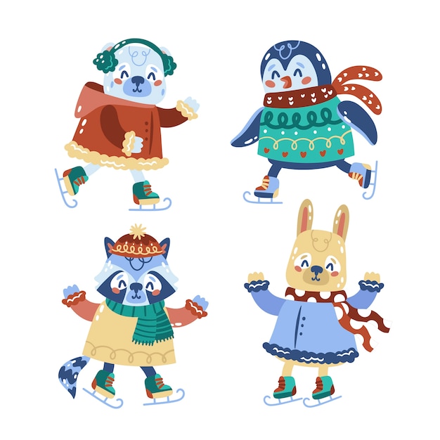 Hand drawn flat winter animals collection