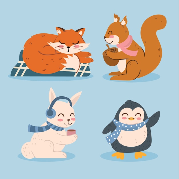 Free vector hand drawn flat winter animals collection