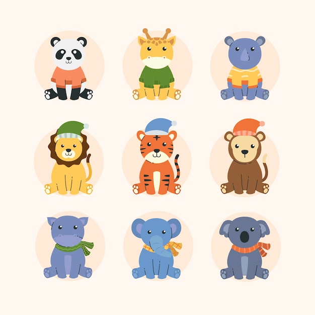 Free vector hand drawn flat winter animals collection