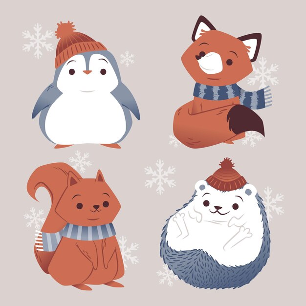 Hand drawn flat winter animals collection