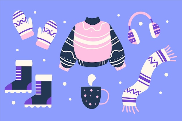 Free vector hand drawn flat winter clothes and essentials collection