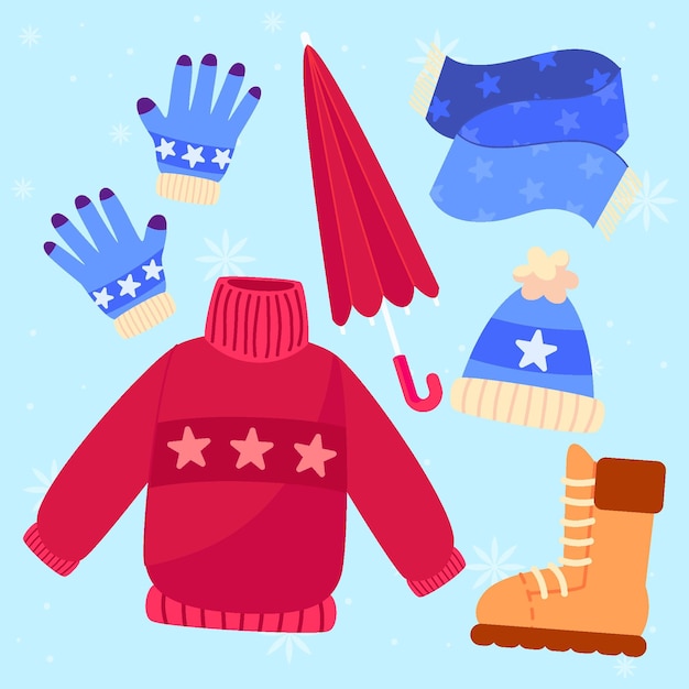 Free vector hand drawn flat winter clothes and essentials collection