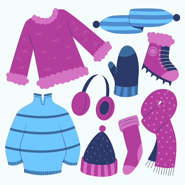 Free vector hand drawn flat winter clothes and essentials collection