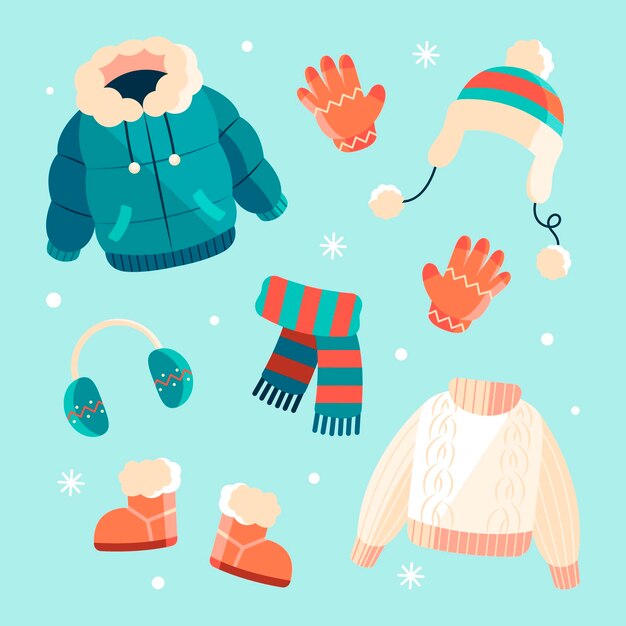 Коллекция рисованной плоской зимней одежды и предметов первой необходимости