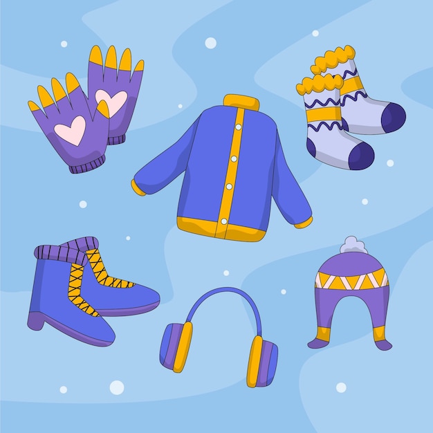 Free vector hand drawn flat winter clothes and essentials collection