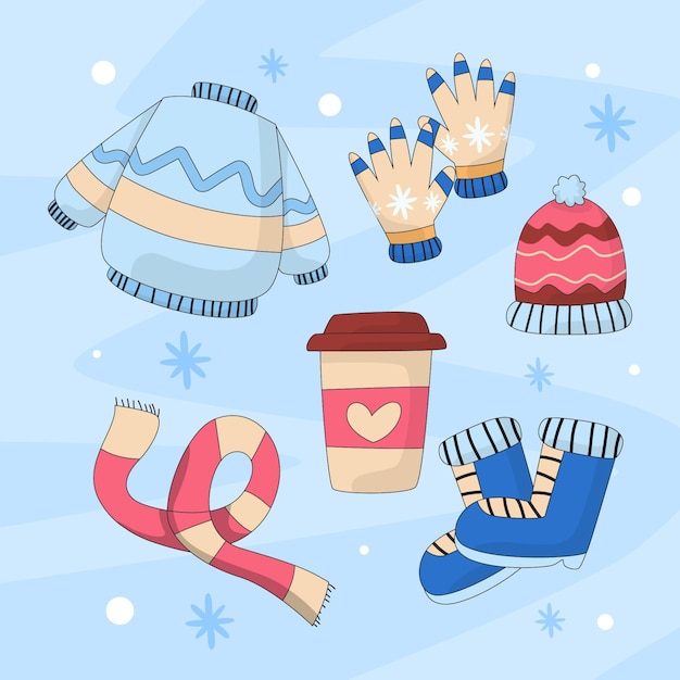 Free vector hand drawn flat winter clothes and essentials collection