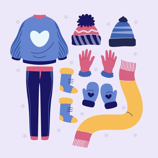 手描きの平らな冬服と必需品のコレクション
