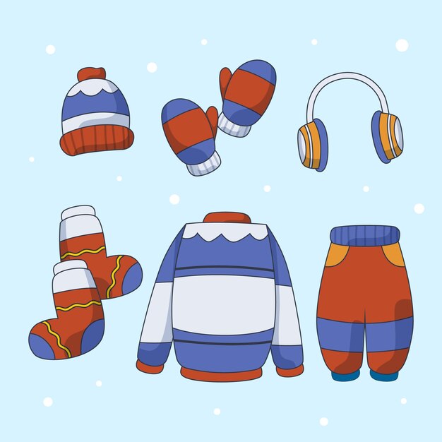 Collezione di vestiti invernali piatti ed elementi essenziali disegnati a mano