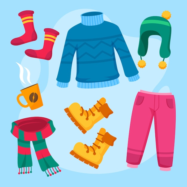 Free vector hand drawn flat winter clothes and essentials collection