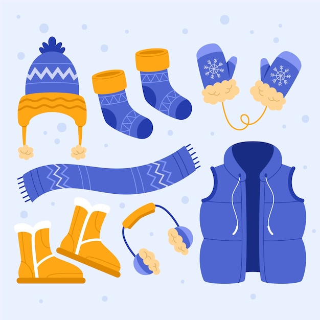Vettore gratuito collezione di vestiti invernali piatti ed elementi essenziali disegnati a mano