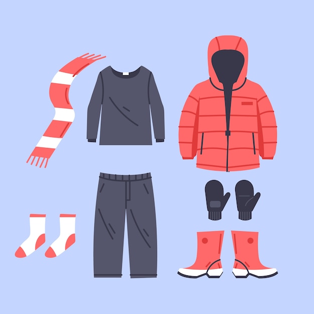 Коллекция рисованной плоской зимней одежды и предметов первой необходимости