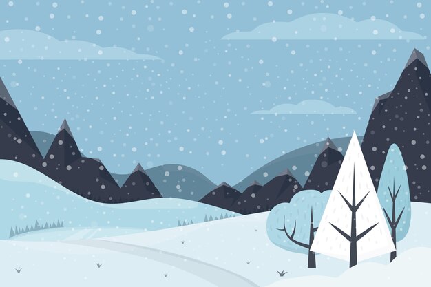 手描きの平らな冬の風景イラスト