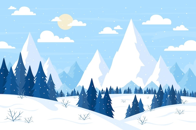 Нарисованная рукой плоская иллюстрация зимнего пейзажа