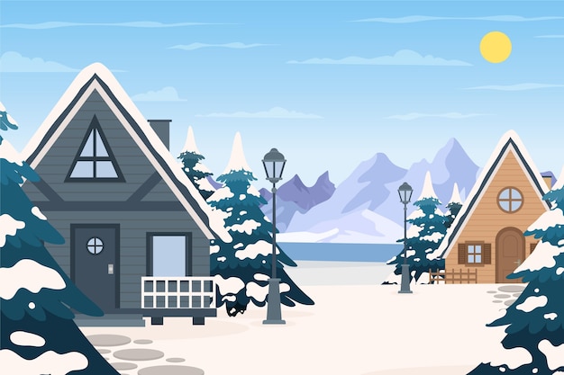 Hand drawn flat winter landscape illustration