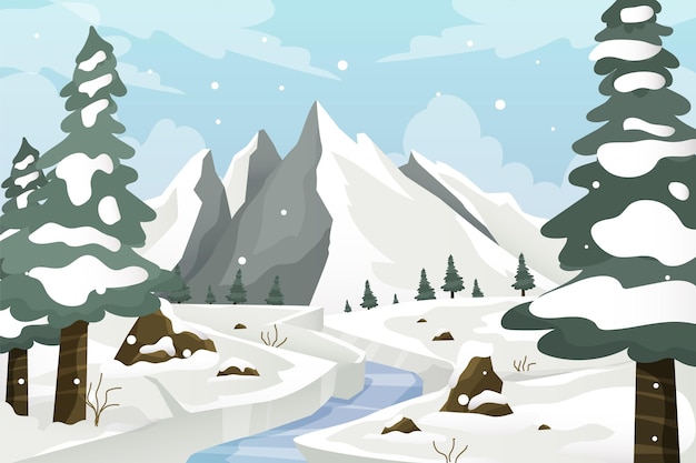 Free vector hand drawn flat winter landscape with trees and snow