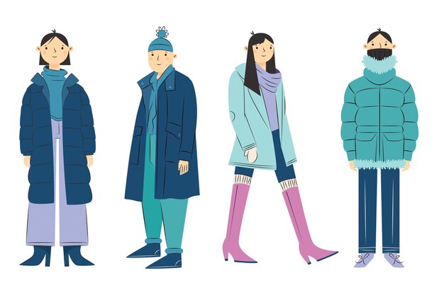 Hand drawn flat winter people collection