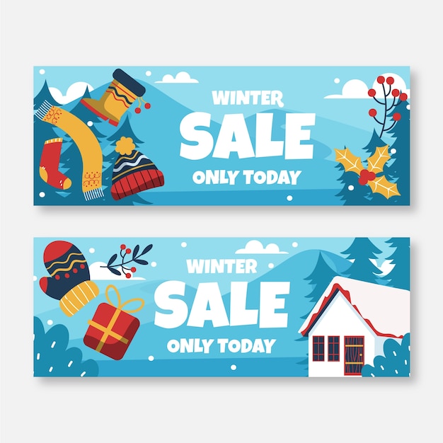 Set di banner orizzontali di vendita invernale piatta disegnata a mano