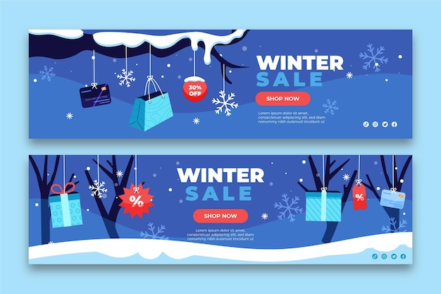 Hand drawn flat winter sale horizontal banners set