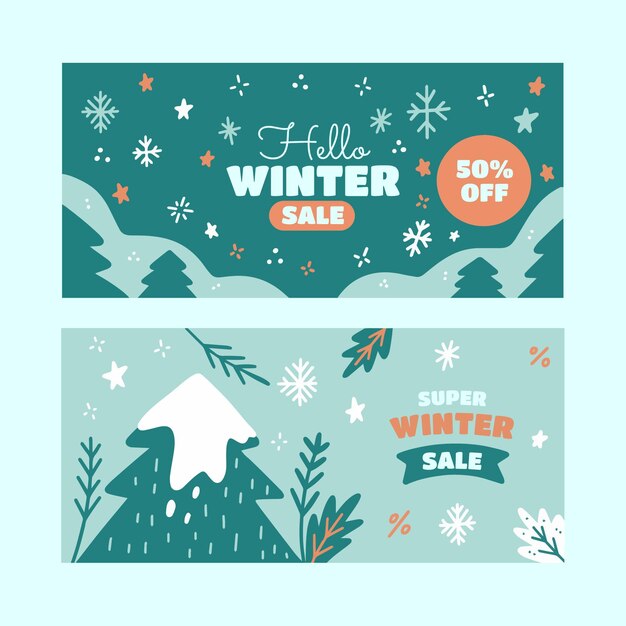 Hand drawn flat winter sale horizontal banners set