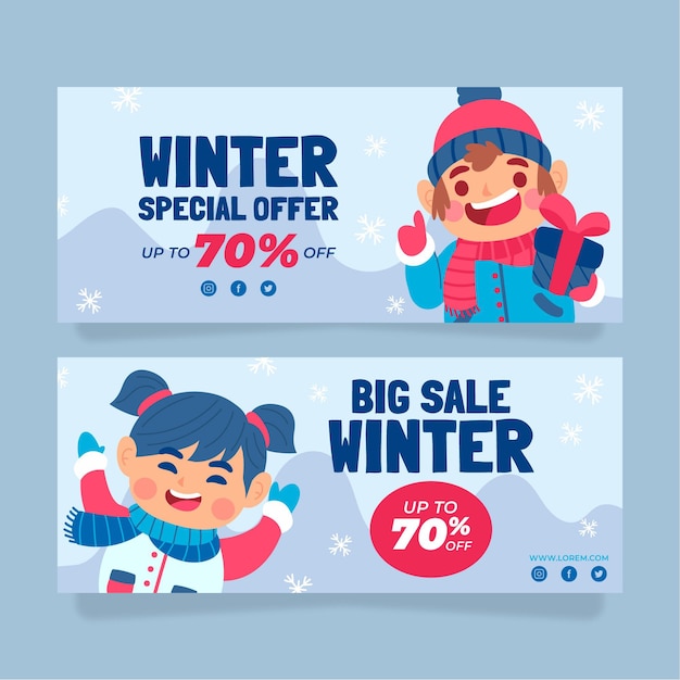hand drawn flat winter sale horizontal banners set