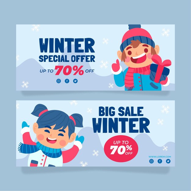 hand drawn flat winter sale horizontal banners set