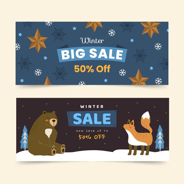 Hand drawn flat winter sale horizontal banners set