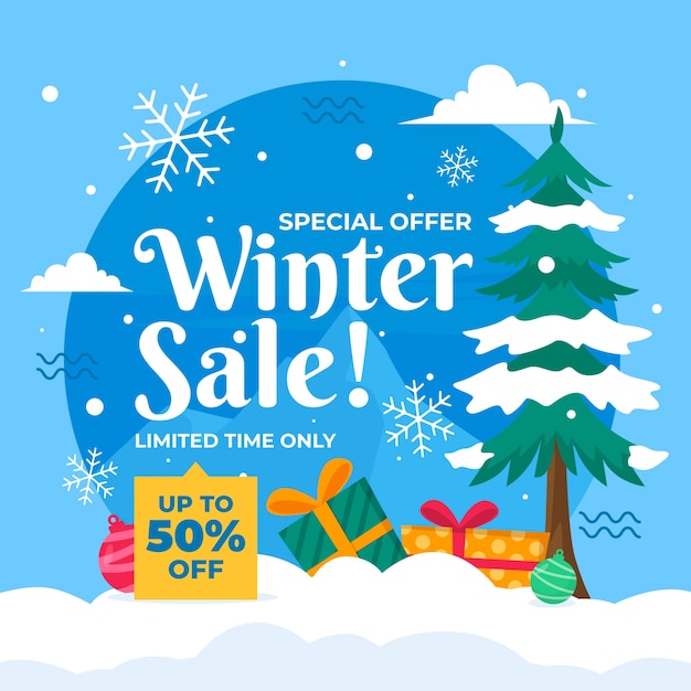 Hand drawn flat winter sale illustration and banner
