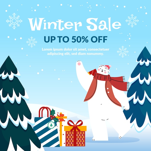 Hand drawn flat winter sale illustration and banner