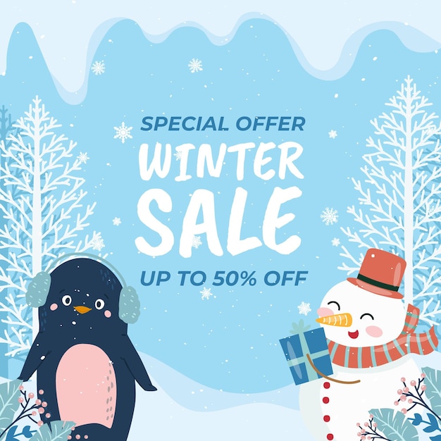 Illustrazione di vendita invernale piatta disegnata a mano con pupazzo di neve e pinguino