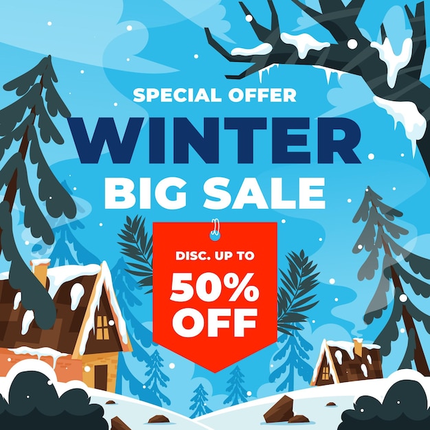 Hand drawn flat winter sale illustration with trees and houses in snow