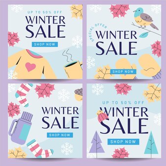 Hand drawn flat winter sale instagram posts collection