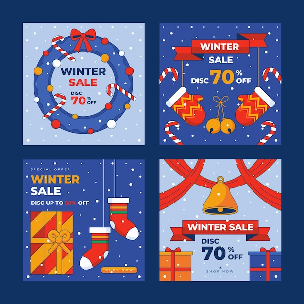 Free vector hand drawn flat winter sale instagram posts collection