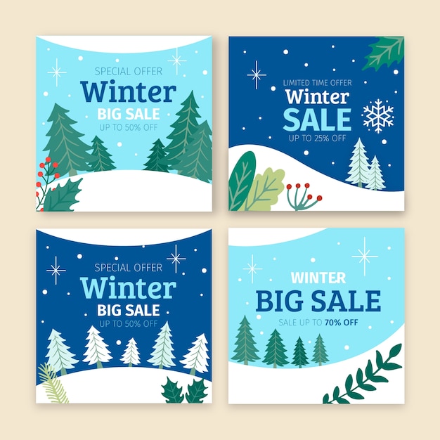 Free vector hand drawn flat winter sale instagram posts collection