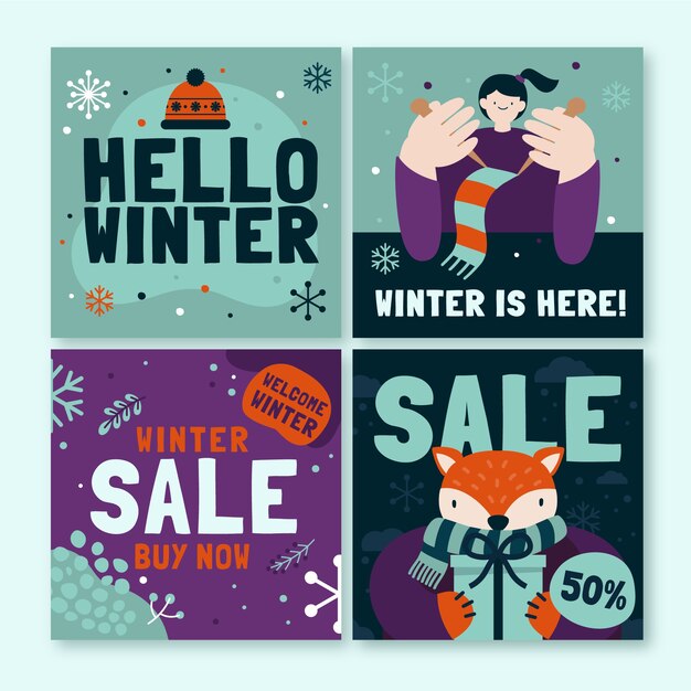 Бесплатное векторное изображение Ручной обращается плоская зимняя распродажа коллекция сообщений instagram