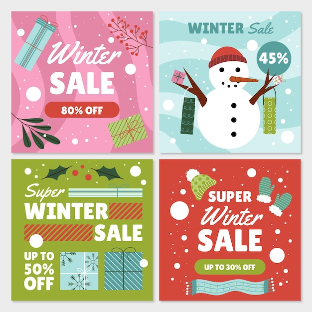 Free vector hand drawn flat winter sale instagram posts collection